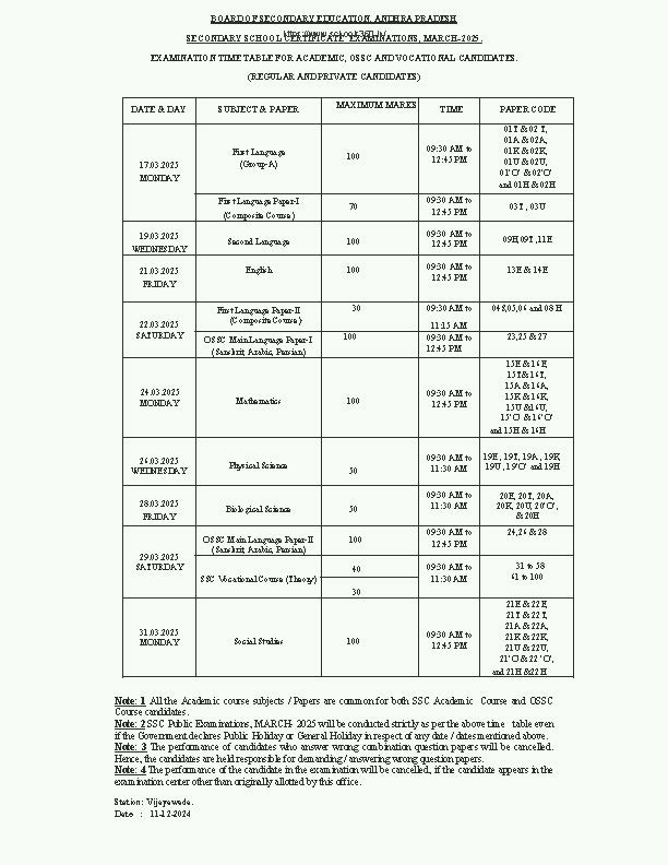 AP SSC 2025 Pubic Exams Time Table